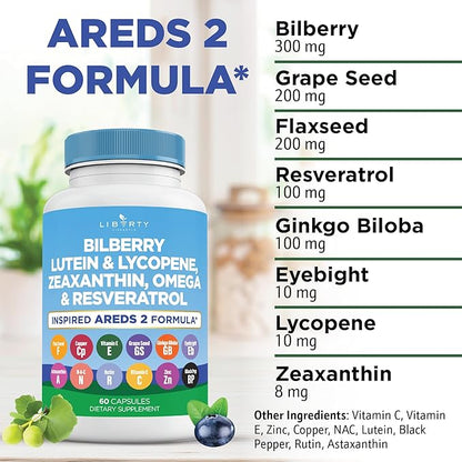 Eye Health Vitamins with Bilberry Lutein & Zeaxanthin, Lycopene, Resveratrol, Grape Seed Extract, Flaxseed Astaxanthin- AREDS 2 - Eye Vitamin - 60 Capsules