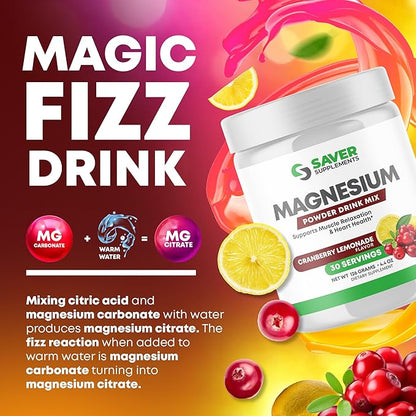Magnesium Powder - Anti-Stress Drink Mix for Calm & Regularity - Magnesium Citrate Supplement - Relaxation, Muscle & Heart Support - Cranberry Lemonade Flavor - 30 Servings