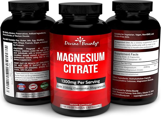Pure Magnesium Citrate Capsules - 1300mg Magnesium Supplement with Elemental Magnesium - 120 Vegetarian Capsules