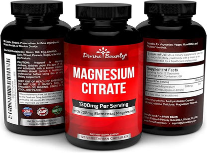 Pure Magnesium Citrate Capsules - 1300mg Magnesium Supplement with Elemental Magnesium - 120 Vegetarian Capsules