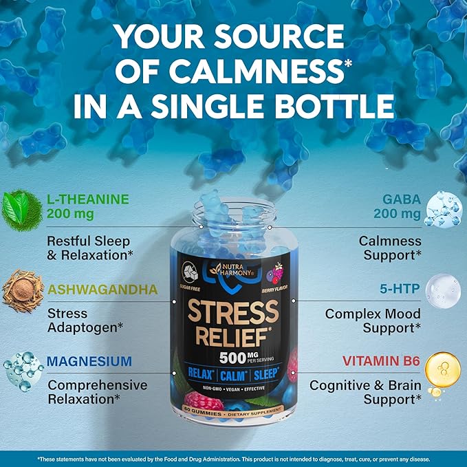 Stress Relief Support 500 mg - Relax, Calm & Sleep Support - Stress Gummies with L-Theanine | GABA | Ashwagandha | 5-HTP | Vitamin B6 & Magnesium - Sugar-Free, Vegan, Mixed Berry Flavor - 60 Gummies