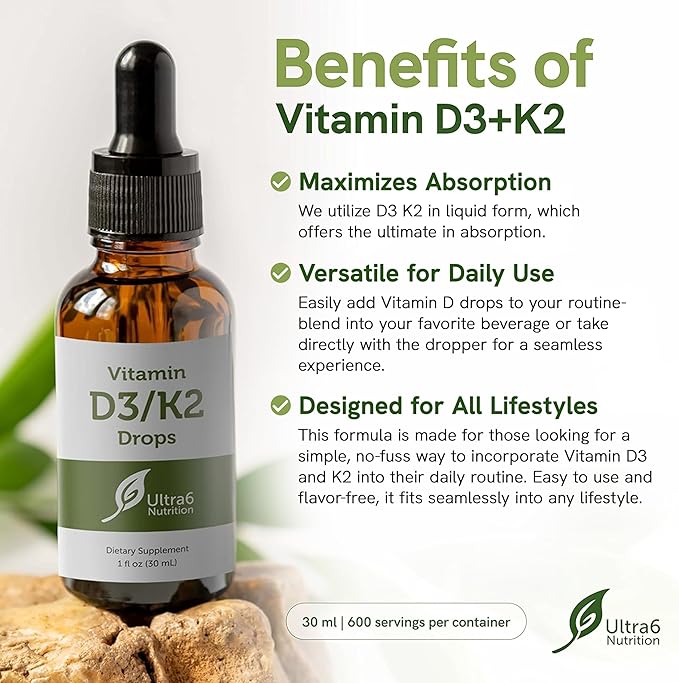 Vitamin D and K2 Drops - Liquid Vitamin D3 with K2 Supplements for Adults - Easy-to-Take, Flavor-Free, Highly Absorbable VIT D3 and K2 Supplements, Made in USA (30 ml)