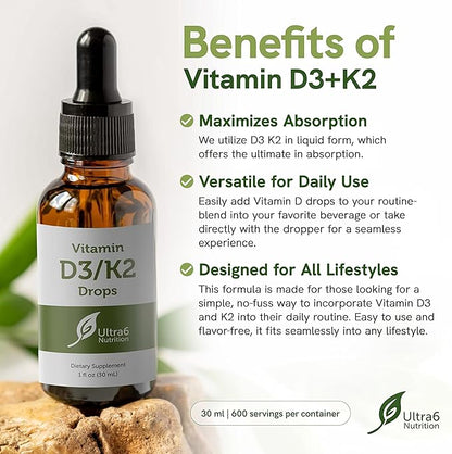 Vitamin D and K2 Drops - Liquid Vitamin D3 with K2 Supplements for Adults - Easy-to-Take, Flavor-Free, Highly Absorbable VIT D3 and K2 Supplements, Made in USA (30 ml)