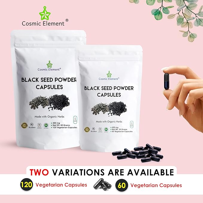 100% Pure Black Seed Powder Capsules Organic - Vegan Nigella Sativa 450mg Black Cumin Seeds per Serving- for Health - 60 Capsules