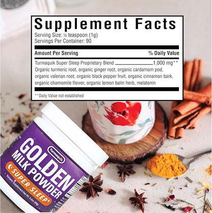 Turmaquik 3.2 Ounce Organic Golden Moon Milk Powder – Super Sleep Blend with Melatonin, Valerian, Chamomile, Lemon Balm, Turmeric, Ginger, Black Pepper, Curcumin, Cinnamon, and Cardamom