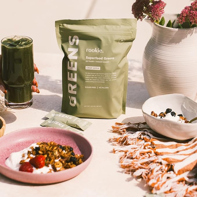 Natural Greens Supplements Superfood Powder Drink by Rookie Wellness, Gut Support Digestive Enzyme, Improve Mood, Immune Support, Crisp Apple (30 Serving Bags)