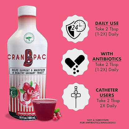 Nutritional Designs Cran-B-PAC Cranberry Supplement, Urinary Tract Health for Women Cranberry Concentrate Liquid with Vitamins, UTI Prevention for Women, Natural & Non GMO, 36mg PAC, 30 Oz Bottle