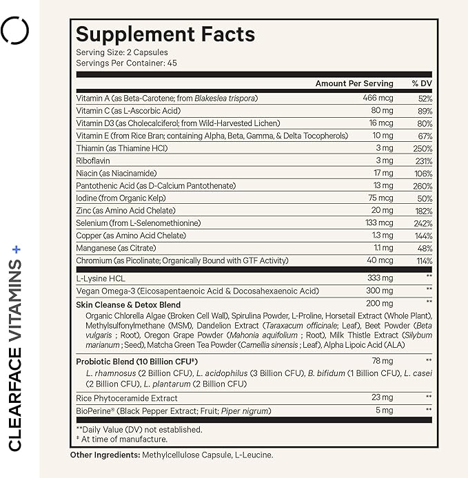 Codeage Clearface Pantothenic Acid, Niacin Supplement, Vitamins A, C, D3, E, Probiotics, Zinc, Riboflavin, Thiamin, L-Lysine HCL & Omega-3, Niacinamide, Skin Botanical Blend - Non-GMO - 90 Capsules