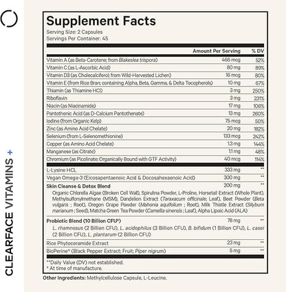 Codeage Clearface Pantothenic Acid, Niacin Supplement, Vitamins A, C, D3, E, Probiotics, Zinc, Riboflavin, Thiamin, L-Lysine HCL & Omega-3, Niacinamide, Skin Botanical Blend - Non-GMO - 90 Capsules