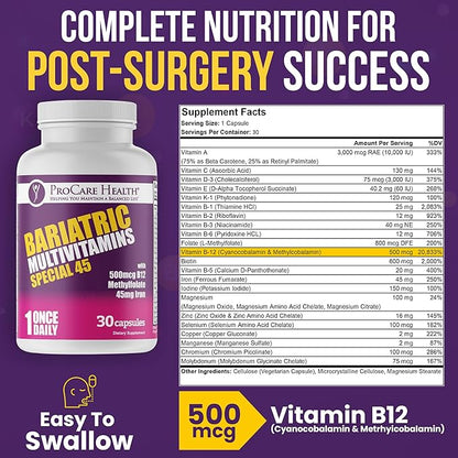 ProCare Health Bariatric Multivitamin with Iron (30 Capsule) 45mg Iron with Reduced B12 - Post-Op Bariatric Vitamins for Gastric Bypass Sleeve Patients, Sustains Recovery & Energy (1 Month Supply)