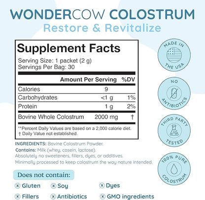 Colostrum Supplement Powder for Gut Health, Immune Support, Muscle Recovery & Wellness | Natural IgG Pure Whole Bovine Colostrum Superfood, Unflavored, 30 Servings