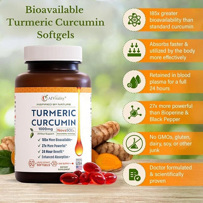 Turmeric Curcumin NovaSOL 1000mg - Nature's Joint Support Supplements - 185x Bioavailable Than Standard Curcumin - Natural Softgels
