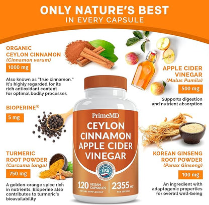 5-in-1 Ceylon Cinnamon Capsules 2355mg - Ceylon Cinnamon and Apple Cider Vinegar with Turmeric, Panax Ginseng, Cinnamon, and Bioperine, 120 ct