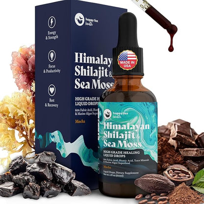 Pure Himalayan Shilajit & Irish Sea Moss Liquid Drops, 85+ Trace Minerals, 60% Fulvic Acid in Great Tasting Mocha Flavor. High Grade Healing Boosts Vitality, Productivity & Collagen