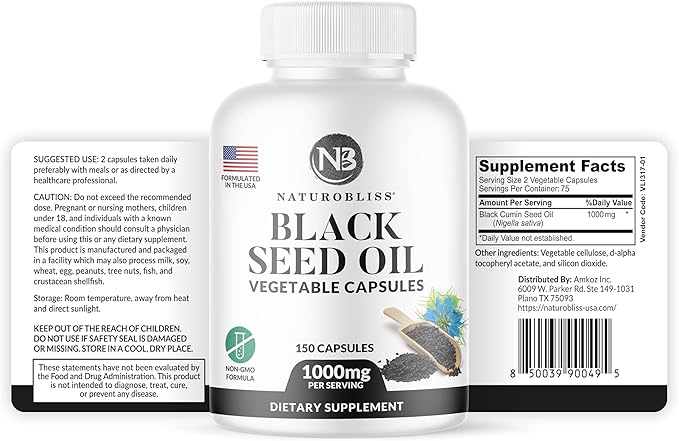 NaturoBliss Black Seed Oil - 150 Softgel Capsules Skin Health (Non-GMO & Vegan) Premium Cold-Pressed Nigella Sativa Producing Pure Black Cumin Seed Oil - 1000mg Per 2 Capsule Serving - 75 Servings