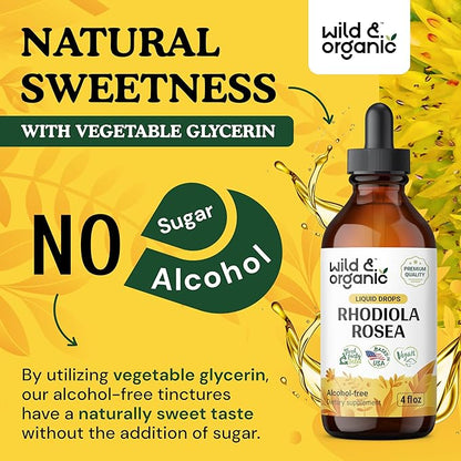 Wild & Organic Rhodiola Rosea Tincture - Rhodiola Rosea Supplement for Mood Support - Relaxing Root Extract Liquid Drops - Vegan, Sugar & Alcohol-Free - 4 fl oz