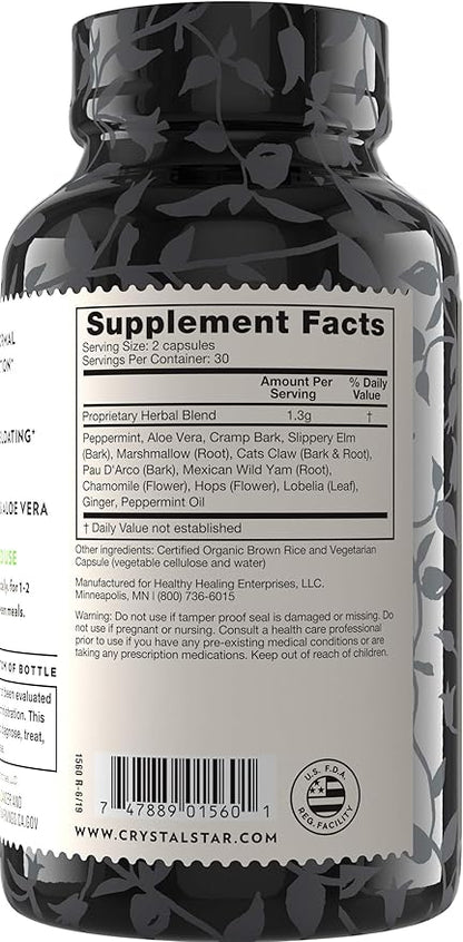 Crystal Star Digestive Support Supplement (60 Capsules) - Herbal Gut Health Supplement That Helps with Occasional Gas & Bloating - Peppermint, Aloe Vera, Slippery Elm & Ginger – Non-GMO