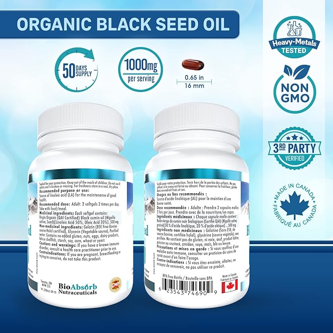 Bio Absorb Black Seed Oil Cold Pressed Capsules. 200 softgels, 500mg (50-Day Supply). No Aftertaste.