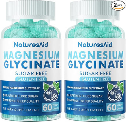 Magnesium Glycinate Gummies 1000mg - Sugar Free Magnesium Potassium Supplement with Vitamin D, B6, CoQ10 for Calm Mood & Sleep Support - 120 Blueberry Gummies -2 Pack