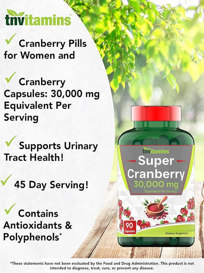 Cranberry Pills for Women & Men (30,000 MG - 90 Capsules) | Supports Urinary Tract Health* | Cranberry Concentrate Supplement | Bladder & Kidney Support* | Supports Women's Health* | Antioxidants