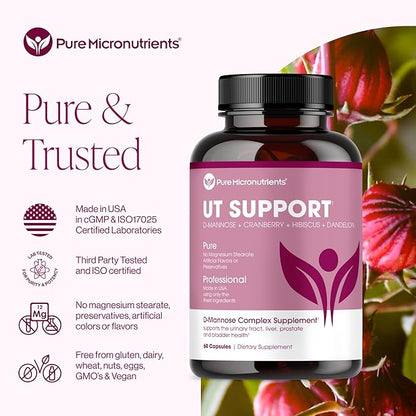 Pure D Mannose Capsules 1000mg Per Serve - Fast Acting UTI Support - Urinary Tract Cleanse & Bladder Health - Cranberry, D-Mannose, Dandelion, Hibiscus Flower - 60 Veggie Caps