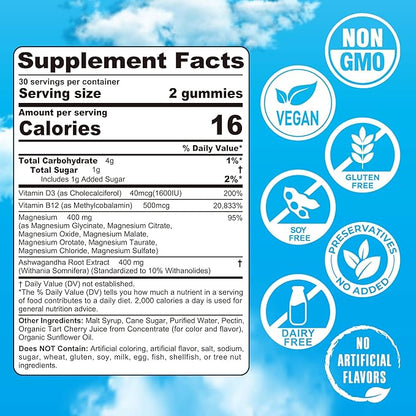 Magnesium Gummies 400mg | as 8 Forms of Magnesium Glycinate, Malate, Citrate, Taurate, Oxide, and More | with Ashwagandha Extract, D3 & B12 Supports for Calm, Zzz, Mood, Muscle Cramp - Vegan 60 Cts