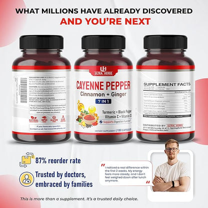 Cayenne Pepper 7 in 1 - - with Ginger, Turmeric, Cinnamon, Black Pepper - Promotes Digestive System Function (150-day Supply (Pack of 1))