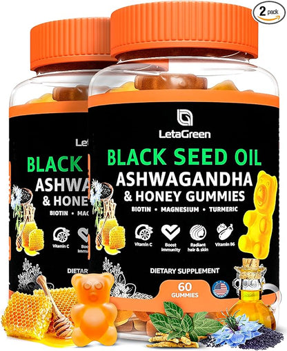 Black Seed Oil Gummies - 60 Nigella Sativa Bears with Ashwagandha Extract - Immune Support & Natural Cleanse – Chewable Black Seed Oil Gummies for Adults (Pack of 2)