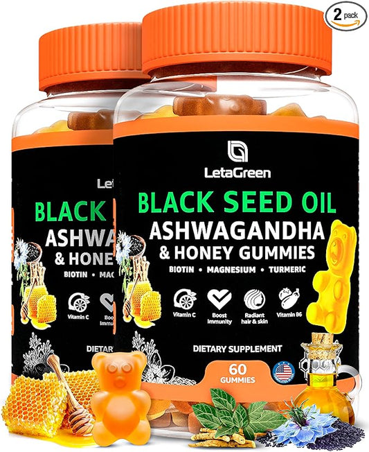 Black Seed Oil Gummies - 60 Nigella Sativa Bears with Ashwagandha Extract - Immune Support & Natural Cleanse – Chewable Black Seed Oil Gummies for Adults (Pack of 2)