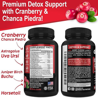 Kidney Cleanse Detox Support Supplement - Natural Cranberry, Juniper Berries, Buchu & Uva Ursi Extract to Support Kidneys, Bladder & Urinary Tract Health Supplements - Herbal Renal Blend Formula Pills