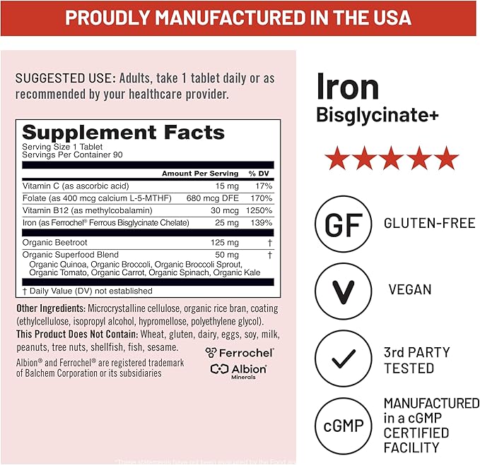 NatureWise Vegan Iron Supplement for Women & Men - Gentle on Stomach High Absorption - Coated Iron Bisglycinate Tablets + Vitamin C, Methyl B12, Folate & Organic Food Blend - 90 Tablets[90-Day Supply]