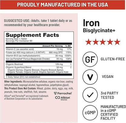 NatureWise Vegan Iron Supplement for Women & Men - Gentle on Stomach High Absorption - Coated Iron Bisglycinate Tablets + Vitamin C, Methyl B12, Folate & Organic Food Blend - 90 Tablets[90-Day Supply]