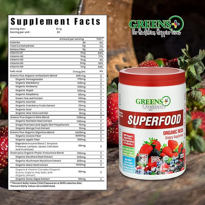 Greens+ Organic Reds Superfood Powder Organic RAW Superfood Powder Immune Support Energy Boost, Nutrition, Vibrant Health, Dietary Supplement, Vegan, Soy/Dairy/Gluten Free