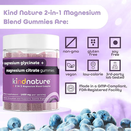 Kind Nature Magnesium Glycinate & Citrate Gummies – Calm Magnesium Complex for Sleep, Stress, Cramps & Digestion – Chewable Vegan Magnesium Supplement for Women, Teens, Adults – 60 Ct