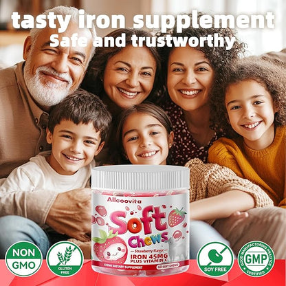 Iron Soft Chew Supplement with Vitamin C | Strawberry Flavored | Gluten Free | Iron Supplement for Women Men and Kids | 60 Count | 2 Month Supply
