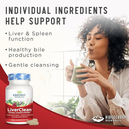 Ridgecrest Herbals LiverClean, Herbal Liver Support Supplement, Blessed Thistle, Dandelion, Detox, Cleanse Support, Healthy Bile (60 Caps, 30 Serv)