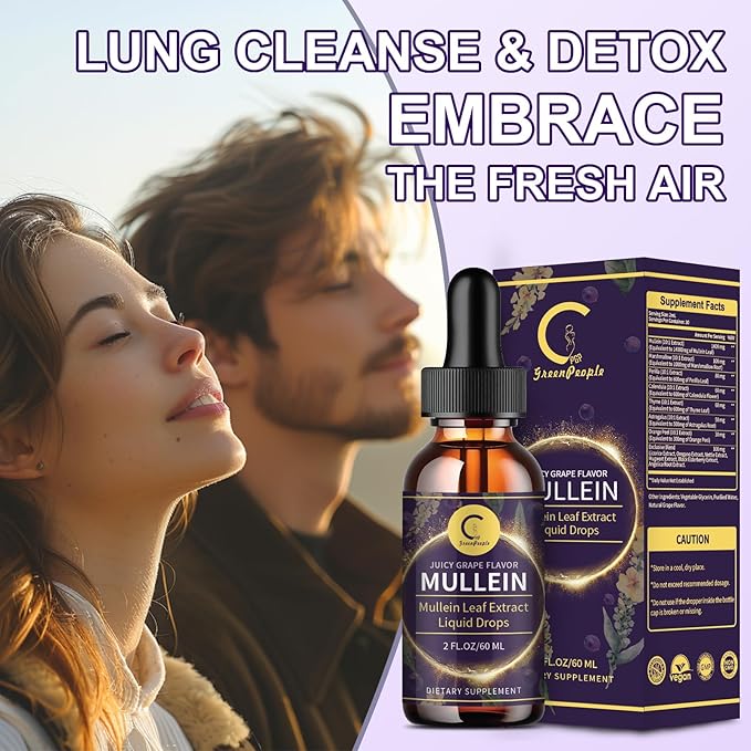 Mullein Leaf Extract Drops for Lungs - Lung Cleanse & Detox, Natural Mullein Leaf Liquid Drops, Support for Respiratory, Immune, Digestive System, Vegan, Non-GMO, Grape Flavor, 2 FL OZ