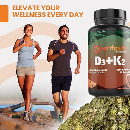 Vitamin D3 K2 Supplement 5000 IU – Includes K2 from MENA Q7, D3 from Vitashine, Calcium from Aquamin & 72 Trace Minerals – for Immune, Bone & Heart Health – Non-GMO – 60 Veg Capsules