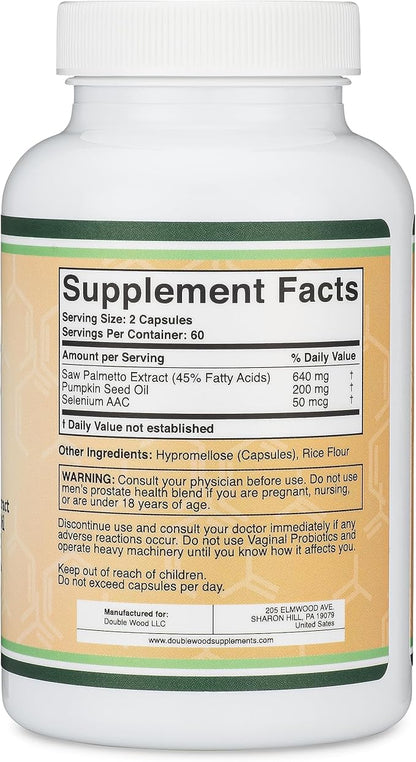 Prostate Support Supplement for Men's Health (120 Capsules) One Serving per Day for 30 Days Supports Prostate Function and Urinary Control (Saw Palmetto, Pumpkin Seed Oil, Selenium) by Double Wood