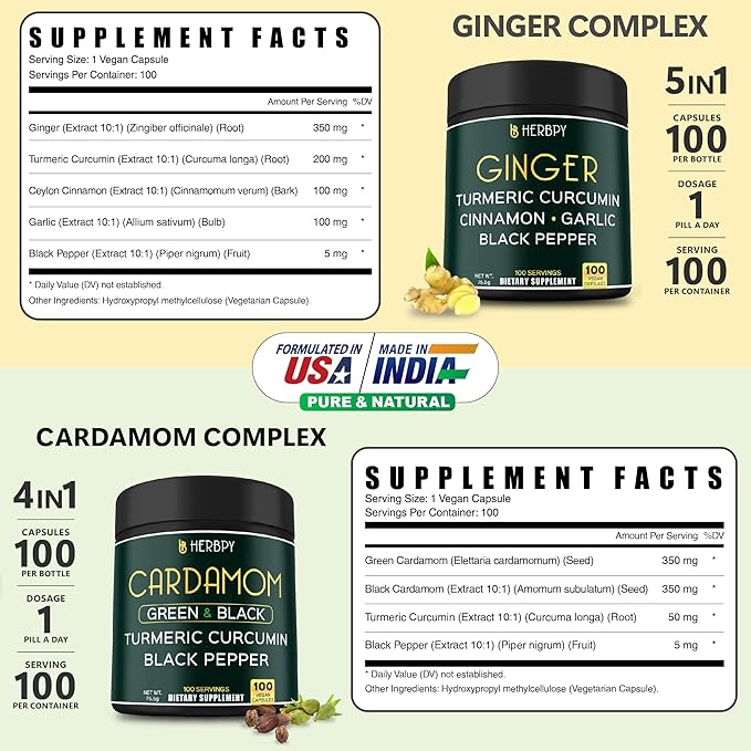 Bundle 5in1 Ginger Supplement 100 Count & 4in1 Cardamom Supplement 100 Count - Support Digestion, Heart Health and Natural Wellness