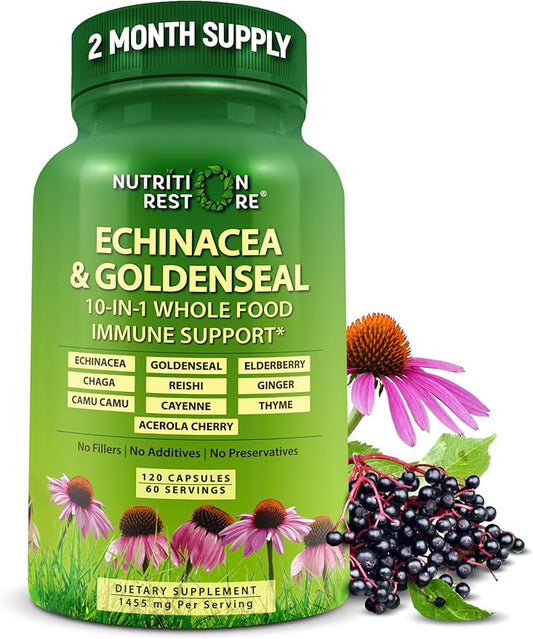 Echinacea Goldenseal Capsules - 10 in 1 Immune Support Supplement - 1455mg - Vegan Echinacea Capsules Supplement Made With Organic Whole Foods - Herbal Immune System Support - 2 Month Supply