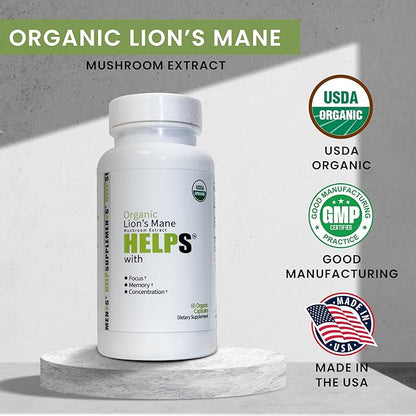 Organic Lion's Mane Mushroom Capsules | 1000mg Lions Mane Powder Extract Supplement | Dietary Herbal Supports for Focus, Memory, Digestion & Immune Health | Gluten, Soy, Milk-Free | 60 Capsules