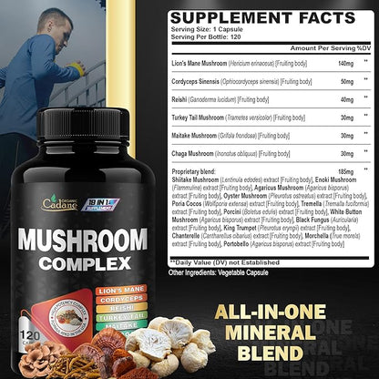 Cadane Mushroom Complex Supplements - 19in1 Concentrated with Lions Mane, Cordyceps Sinensis, Reishi, Turkey Tail Mushroom, Maitake, Chaga, Shiitake, Enoki & More - 120 Caps for 4 Months Supply
