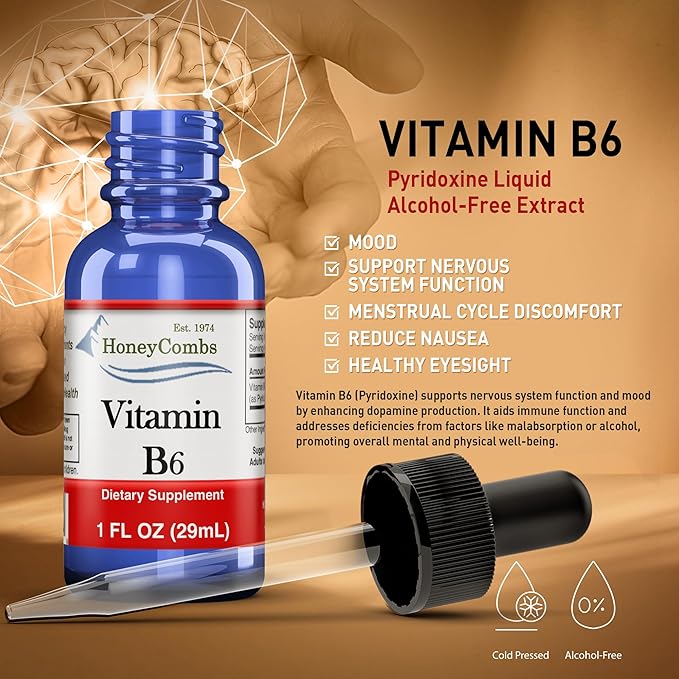 Vitamin B6 (Pyridoxine) Drops – Liquid Vitamin B Drops for Natural Brain Function Support, Blood Vessels & Immune Support – Liquid Vitamin Mood Supplement – Alcohol-Free Health Supplement (1 Fl Oz)