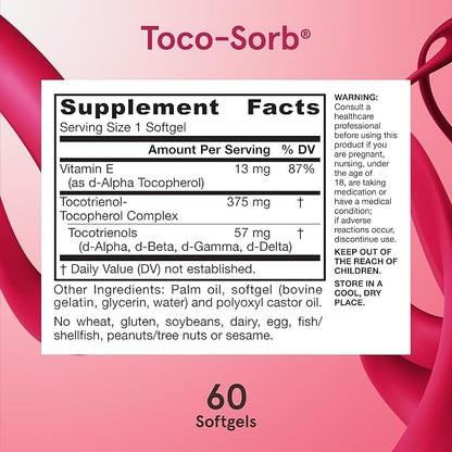 Jarrow Formulas® Toco-Sorb Cardiovascular Health and Brain Function Support, High Absorption Formula, Tocotrienol-Tocopherol Complex and Vitamin E, 60 Softgels, 30 Day Supply