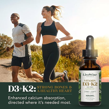 Vitamin D3 with K2 Liquid Drops, All Natural, Non-GMO, 1208iu D3 and 25mcg K2 (mk7) per Serving, Support Your Bones, Immune System and Energy Levels, with or Without Peppermint Oil