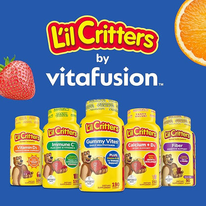 L’il Critters Gummy Vites No Sugar Added Daily Gummy Multivitamin for Ages 2+ Toddlers & Kids, Vitamin C, D3 for Immune, Strawberry and Orange Flavors, 100 Gummies