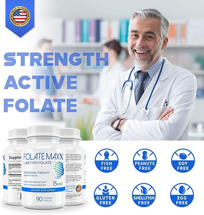 L-Methylfolate 15mg - 90 Capsules - Professional Strength Active Methyl Folate - 5-MTHF Supplement for Men & Women - Non GMO, Gluten Free, No Fillers
