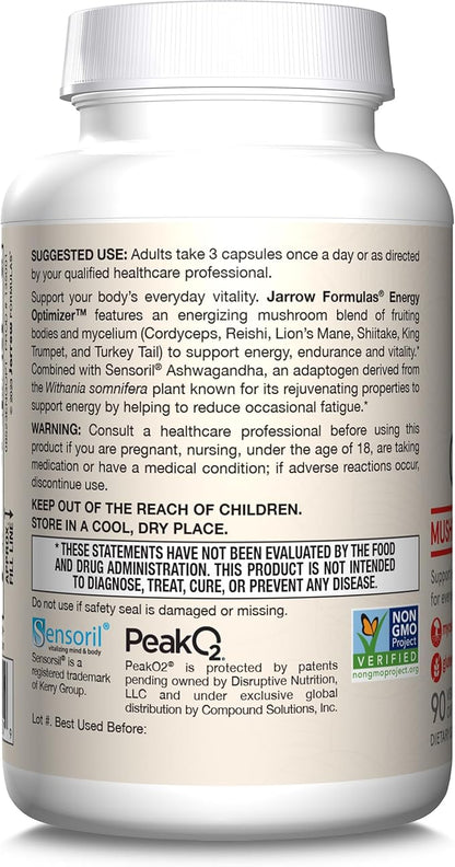 Jarrow Formulas Energy Optimizer with Cordyceps, Reishi, Lion’s Mane, Shiitake, King Trumpet, and Turkey Tail Mushrooms, Dietary Supplement with Ashwagandha, 90 Veggie Capsules, 30 Day Supply