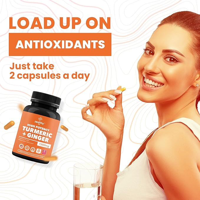 Turmeric + Ginger Capsules 1200mg | Joint Comfort, Inflammation Support & Digestive Health* | 180 Count | Zealthy Life High Potency Turmeric Ginger Supplement | 1200mg